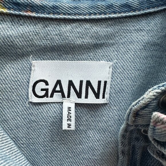 Ganni Printed Indigo Frill Collar Shirt Womens Size 44 US 14 Cottagecore Femme - Picture 9 of 13